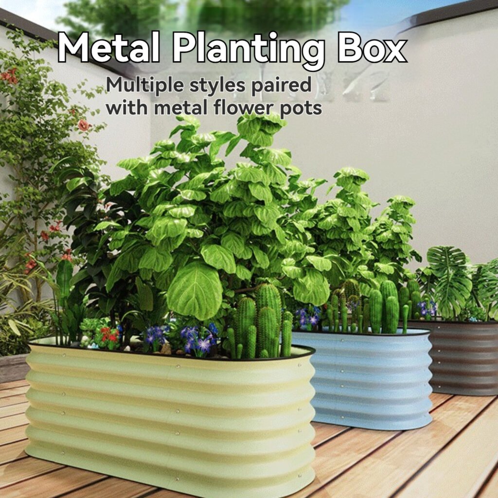 isplay showing various styles and colors of metal planting boxes paired with matching decorative metal flower pots.