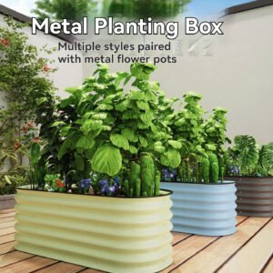 isplay showing various styles and colors of metal planting boxes paired with matching decorative metal flower pots.