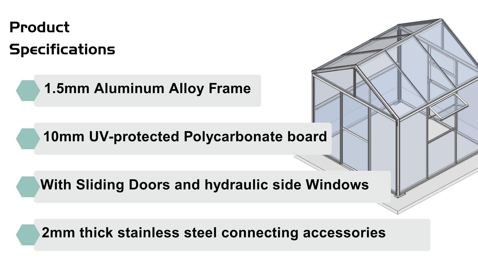 Specifications for a heavy-duty commercial greenhouse: 1.5mm aluminum frame, 10mm UV polycarbonate, sliding doors, hydraulic side windows, and 2mm stainless connectors