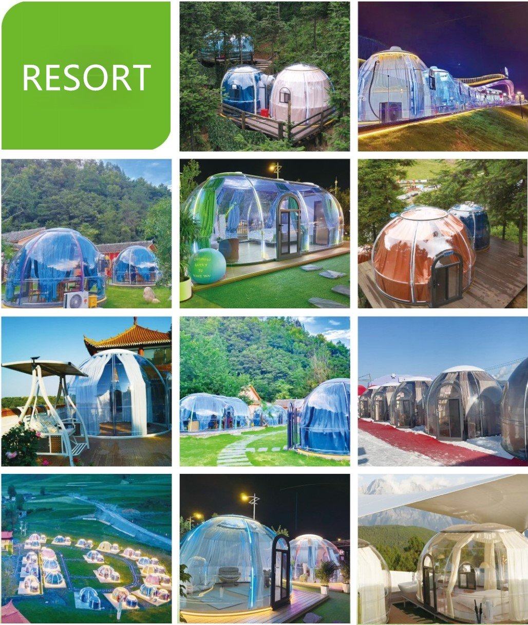 A family enjoying a cozy night of stargazing inside a transparent polycarbonate dome room in their backyard, with comfortable cushions and warm lighting