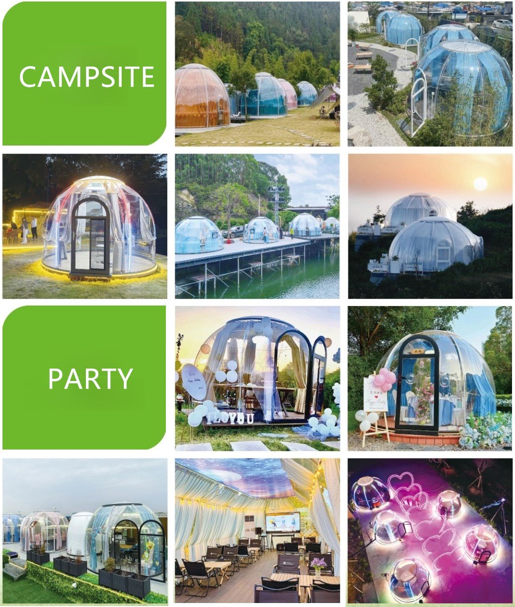 A row of elegant polycarbonate Star Rooms at a high-end glamping resort at dusk, with stylish interior lighting creating an inviting and photogenic atmosphere.