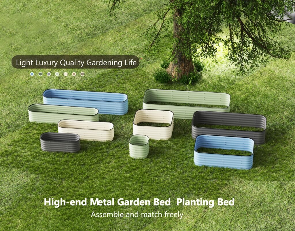 Concept image promoting a light luxury gardening lifestyle with our high-end, aesthetically designed metal raised garden beds for free assembly and matching.