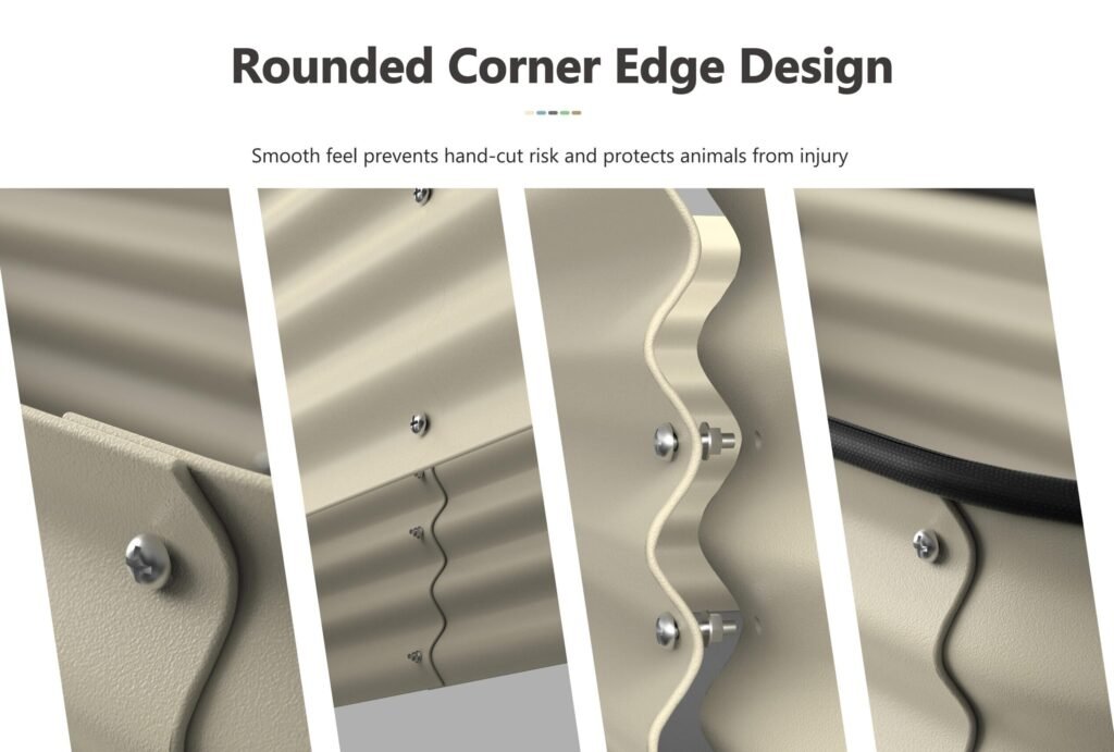 Close-up detail of the smooth, rounded corner edge on a metal raised garden bed, designed for safety to prevent cuts and injuries