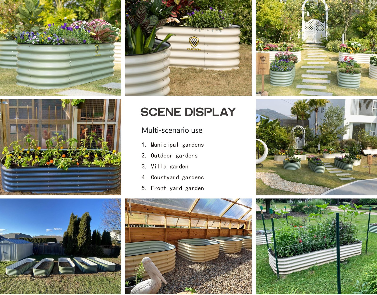 Infographic showing five application scenarios for metal raised garden beds: municipal gardens, outdoor gardens, villa gardens, courtyard gardens, and front yard gardens.