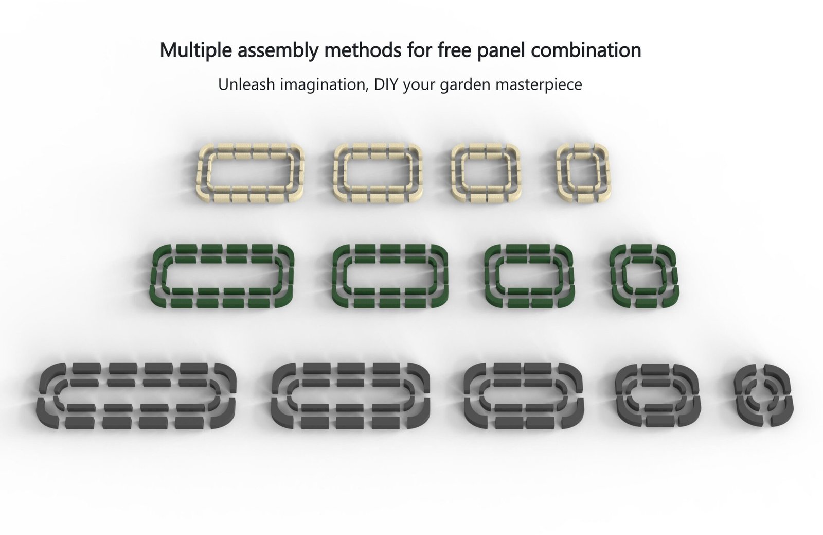 Diagram showing the flexible assembly options and free panel combination for a modular metal raised garden bed, enabling custom shapes and sizes.