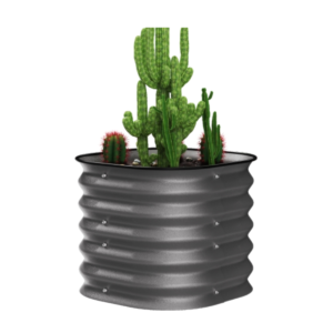 Black powder-coated steel raised garden bed measuring 2x2 feet, filled with thriving vegetables