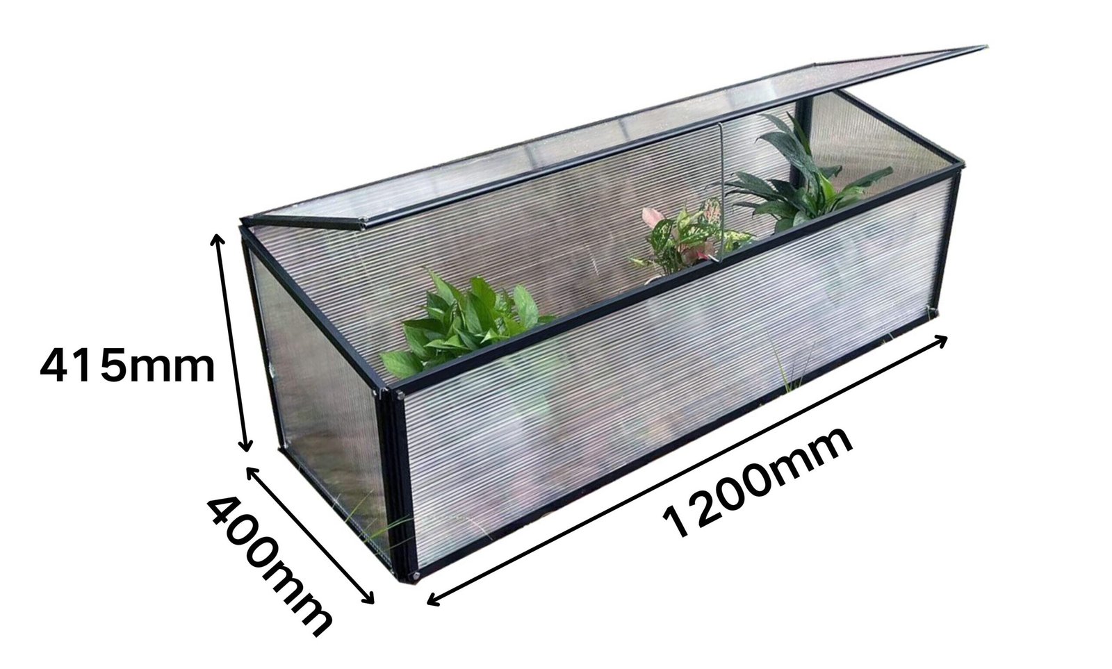 Comparison table: size, weight, and packaging dimensions for Single Slope (400mm wide) black aluminum mini greenhouses