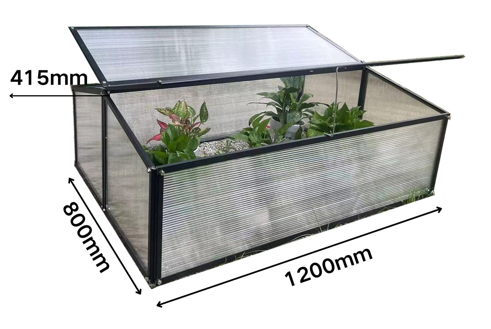 Comparison table: size, weight, and packaging dimensions for Double Slope (800mm wide) black aluminum mini greenhouses