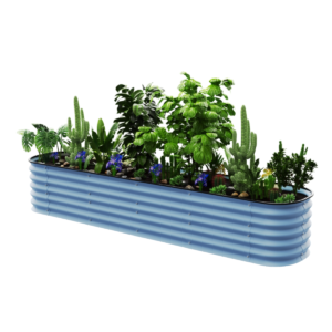 A set steel raised garden beds, measuring 5 feet long by 2 feet wide, filled with thriving tomato plants and fresh herbs in a sunny backyard.