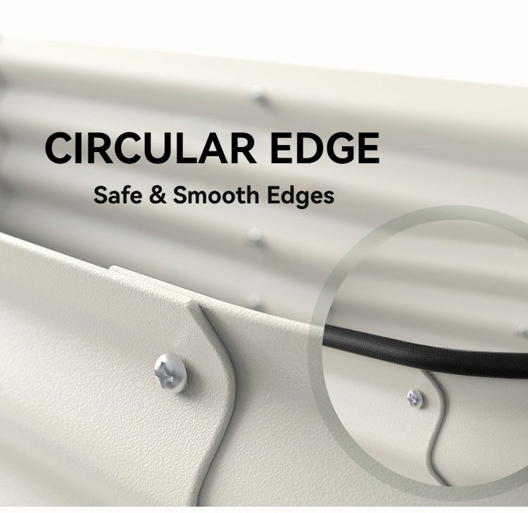 Design concept graphic highlighting the safe, circular smoothed edge feature of the metal planting box.