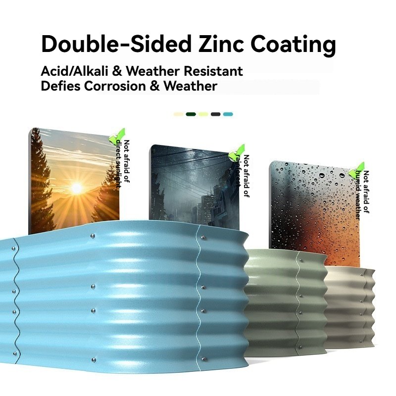 Infographic promoting double-sided zinc coating technology on metal planters, providing acid/alkali resistance and complete protection against weather, corrosion, and direct sunlight. 